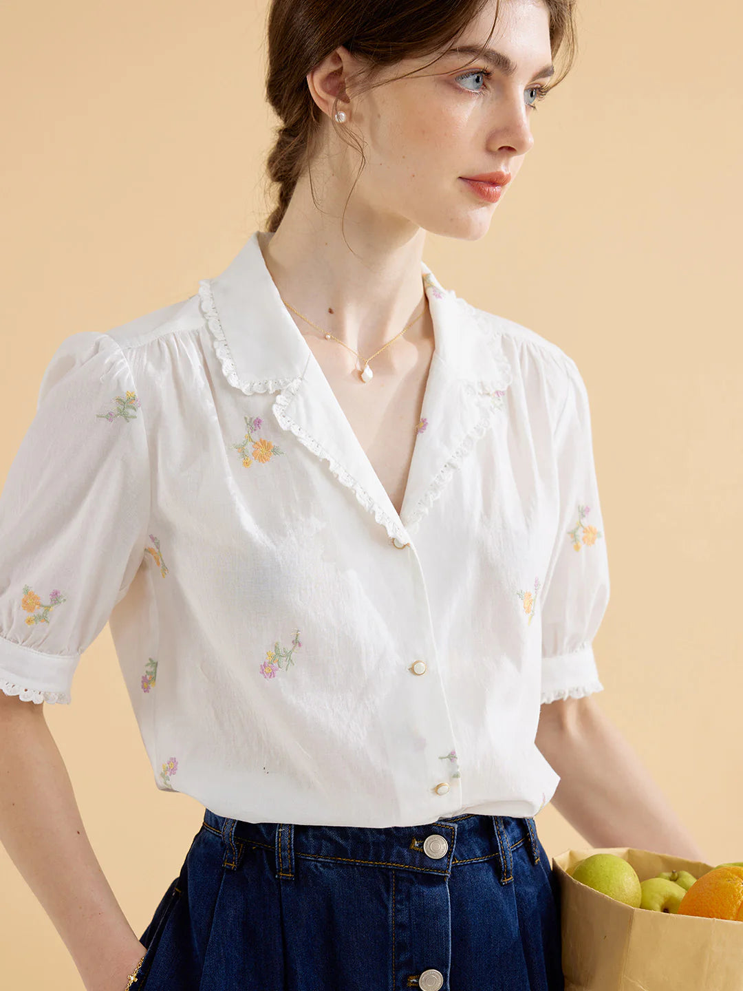 Marceline Simple V Neck Embroidered Cotton Shirt