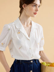 Marceline Simple V Neck Embroidered Cotton Shirt