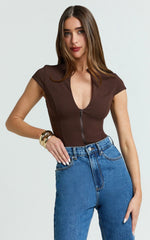Cap Sleeve Slit Neck Zip Front Chocolate Top