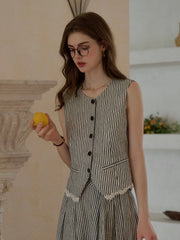 Sofia Round Neck Stripe 100% Linen Vest