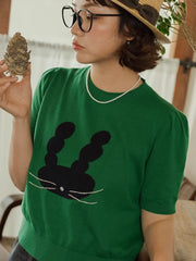 Chowxiaodou Puff-Sleeve Knit Linen T-Shirt