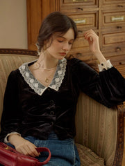 Megan Contrast Lace Lapel Cuffs Lace Splicing Velvet Blouse