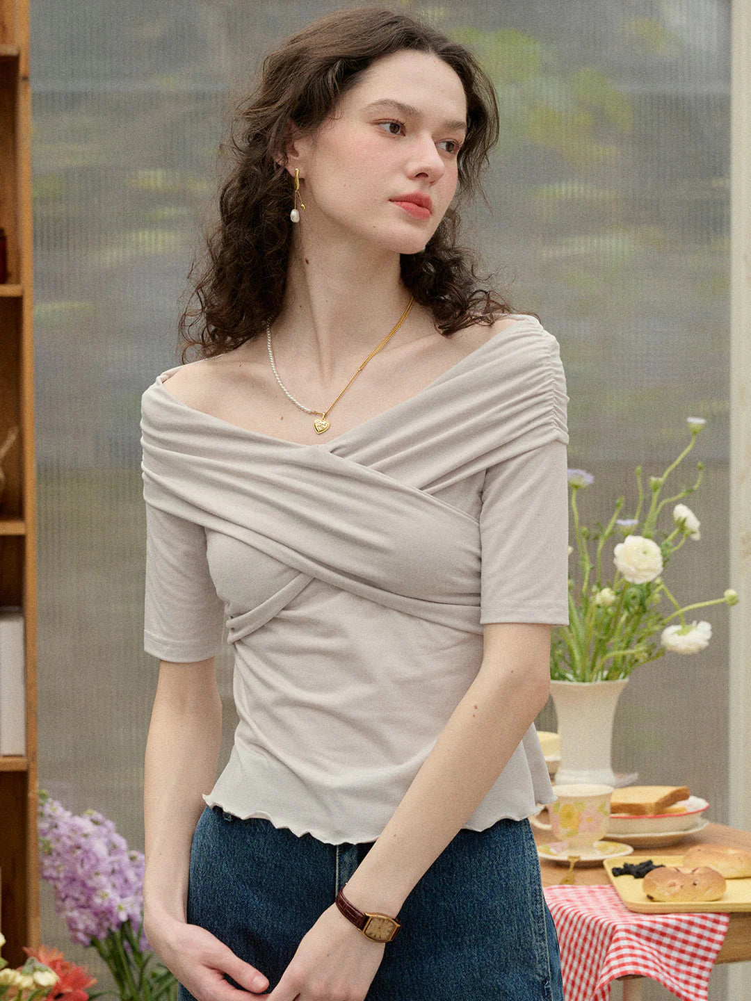 Paige Off-Shoulder Cross Fold Top