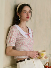 Madalyn Doll Collar Floral Bow Stripe Puff Sleeves Fit Top
