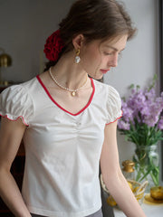 Julieta Contrast Color Round Neck Puff Sleeve T-shirt