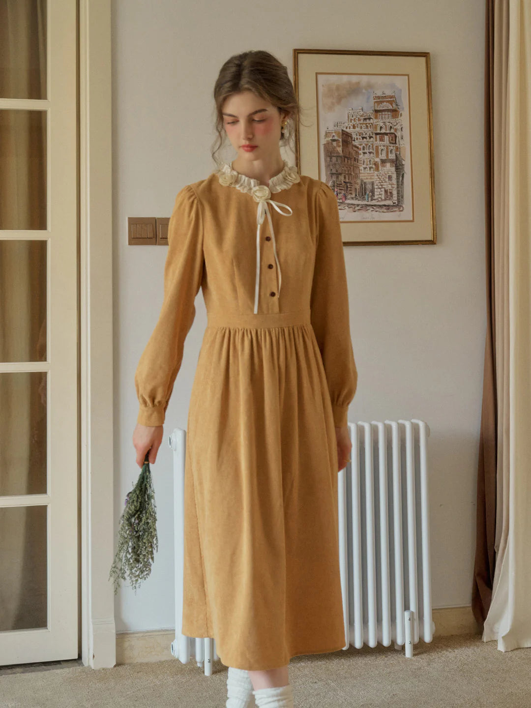 Amiri Romantic 3D Crochet Flowers Trimmed Corduroy Dress