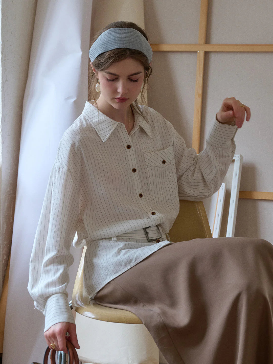 Mckenna Lapel Stripes Belt Linen Shirt