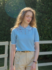 Roselyn Notched Lapel Contrasting Trim Embroidery Top