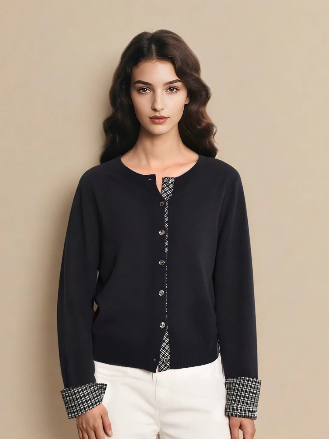 Ariyah Round Neck Plaid 100% Wool Cardigan