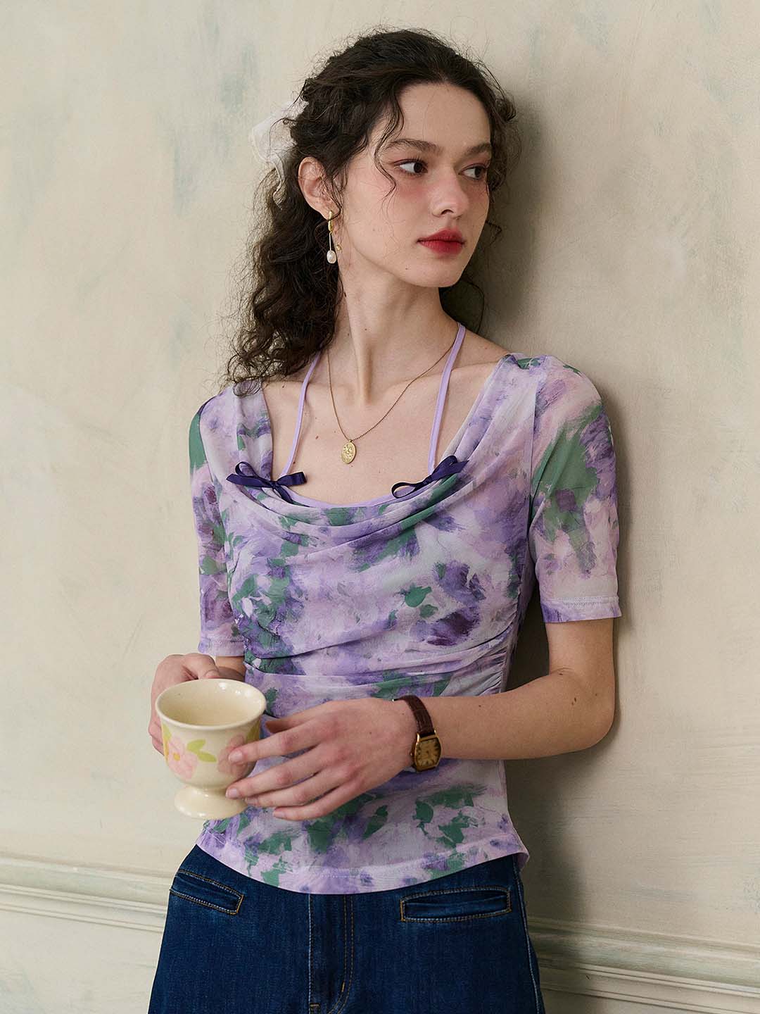 Frankie Floral Print Contrast Color Bow Top