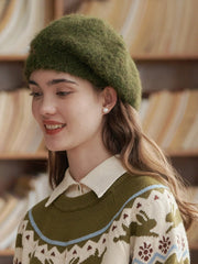 Simple Retro Rabbit Embroidery Knitted Beret Caps
