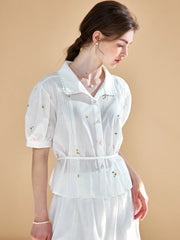 Savanna Simple Little Daisy Embroidered White Blouse
