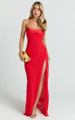 Red Cowl Neck Asymmetric Fit and Flare Maxi Dress