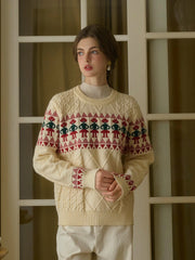 Alianna Fair Isle Ribbed Round Neck Christmas Pattern Knit Sweater