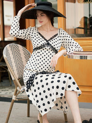 Ainhoa Elegant V Neck Lace Stitching Polka Dot Color Contrast Dress