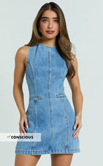 Olenna Mini Dress - High Neck Fitted Denim Dress in Mid Blue Wash