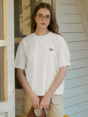 Journey Puppy Applique Round Neck Short Sleeve Casual T-Shirt - White