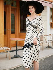 Ainhoa Elegant V Neck Lace Stitching Polka Dot Color Contrast Dress