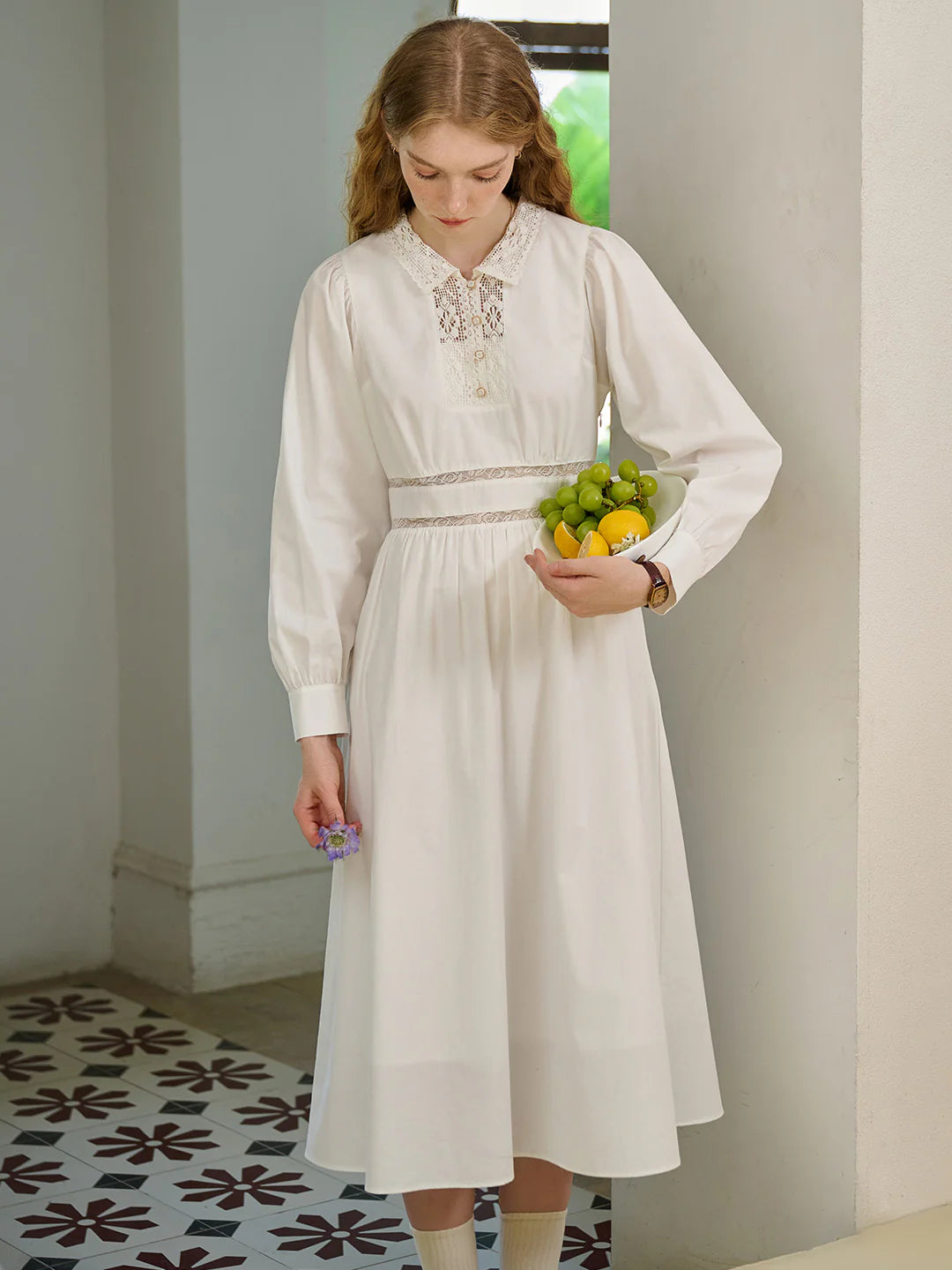 Alaiya Lace Paneled Hollow Puff Sleeve Dress