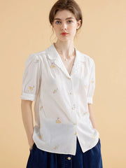 Marceline Simple V Neck Embroidered Cotton Shirt