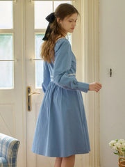 Jazmine Square Collar Trimmed Lace-up Bow Long Sleeve Cotton Dress