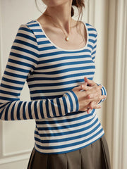 Mavis Striped U-neck Blue Knitted Top