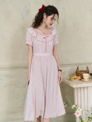 Judith Square Collar Trimmed Floral Bow Stripe Dress