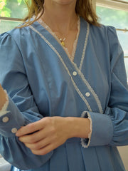 Chandler V-Neck Trimmed Lace-up Contrasting Button Cotton Dress