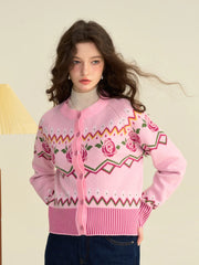Violette Round Collar Clashing Embroidery Rose Cardigan
