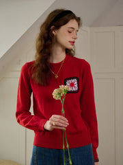 Cadence Ribbed Round Neck Contrasting Embroidery Sweater