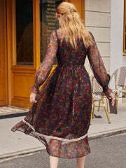 Isabel Floral Print Guipure Lace Insert Flounce Sleeve Ruffle Hem Dress