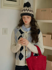 Adley Classic Round Neck Argyle Jacquard 100% Wool Cardigan