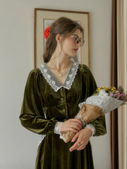 Megan Contrast Lace Lapel Cuffs Lace Splicing Velvet Blouse - Green