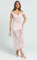 Pink Lace Off-Shoulder Side-Split Midi Dress