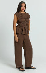 Two Piece Set - Ruched Detail Top and Wide Leg Pants in Brown