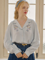 Convallaria Floral Embroidered Light Blue Puff Top