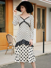 Ainhoa Elegant V Neck Lace Stitching Polka Dot Color Contrast Dress
