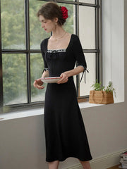 Michelle Bow Lace Square Neck Knitted Color Block Dress