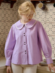 Avayah Contrasting Doll Collar Balloon Sleeve Slit Linen Shirt-Purple