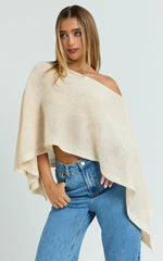 Amarie Top - Sheer Knit Off Shoulder Cape Top in Cream