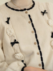 Neriah Round Neck Contrasting 3D Rose Bow Knitted Cardigan