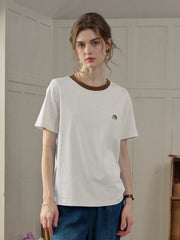 Reya Simple Round Neck Contrasting Embroidery Cotton Top - White