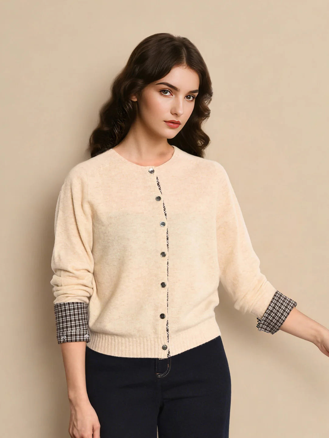 Ariyah Round Neck Plaid 100% Wool Cardigan