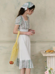 Bria Square Collar Contrasting Trimmed Floral Pleated Dress