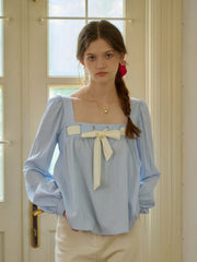 Lilia Square Collar Bow Light Blue Blouse