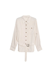 Mckenna Lapel Stripes Belt Linen Shirt