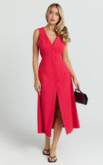 Red Button Through V Neck Midi Dress