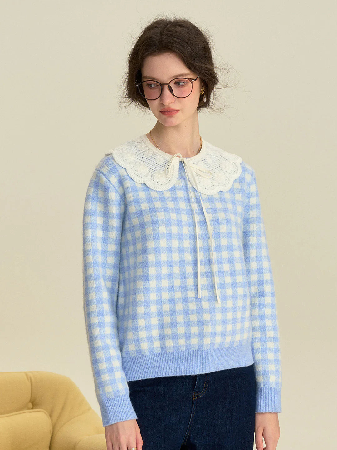 Brielle Doll Collar Plaid Wool Sweater