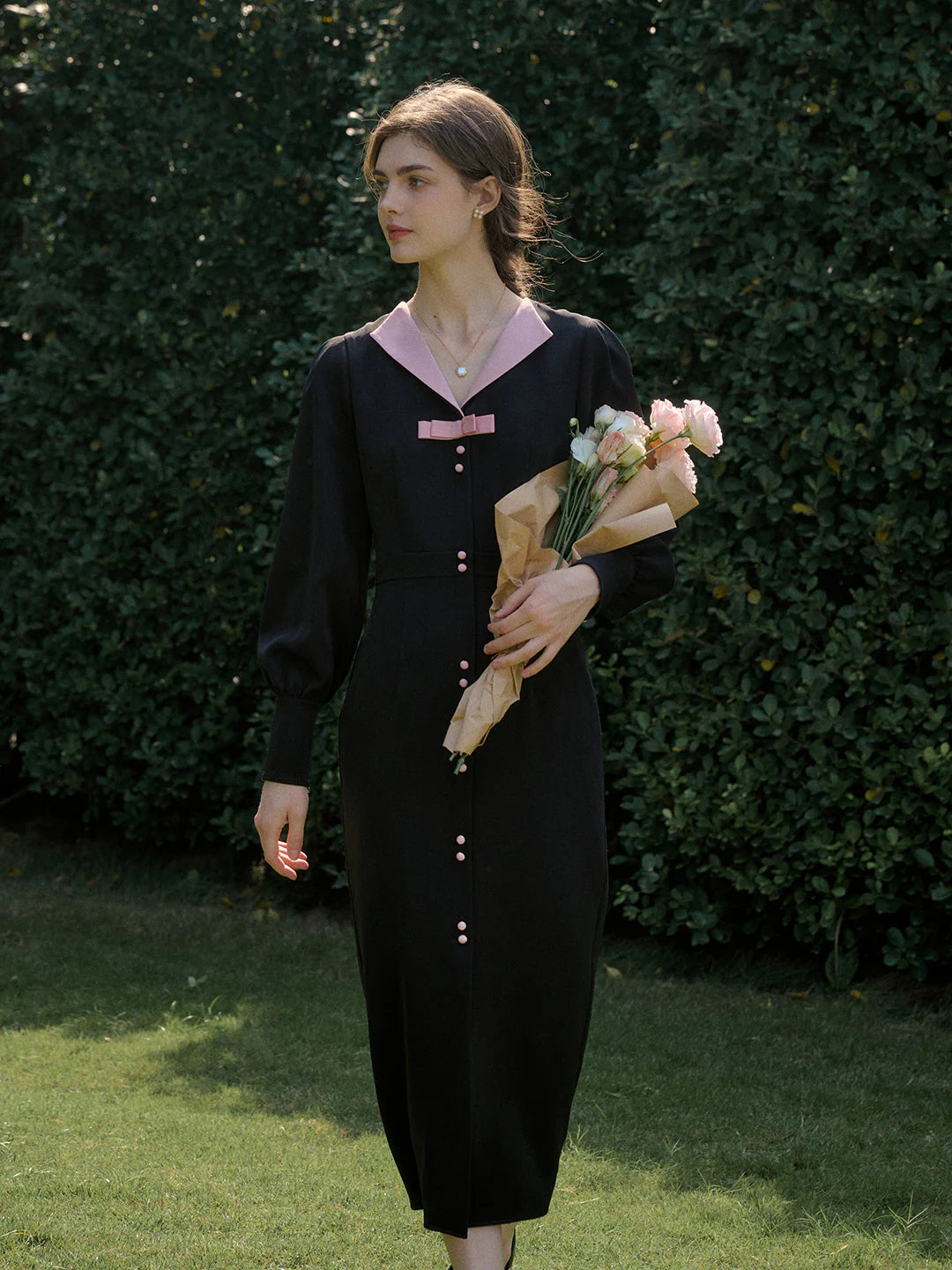 Karter Notched Lapel Contrasting Button Bow Dress