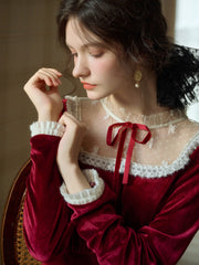 Janelle Retro Elegant Bow Lace Splicing Round Neck Velvet Dress